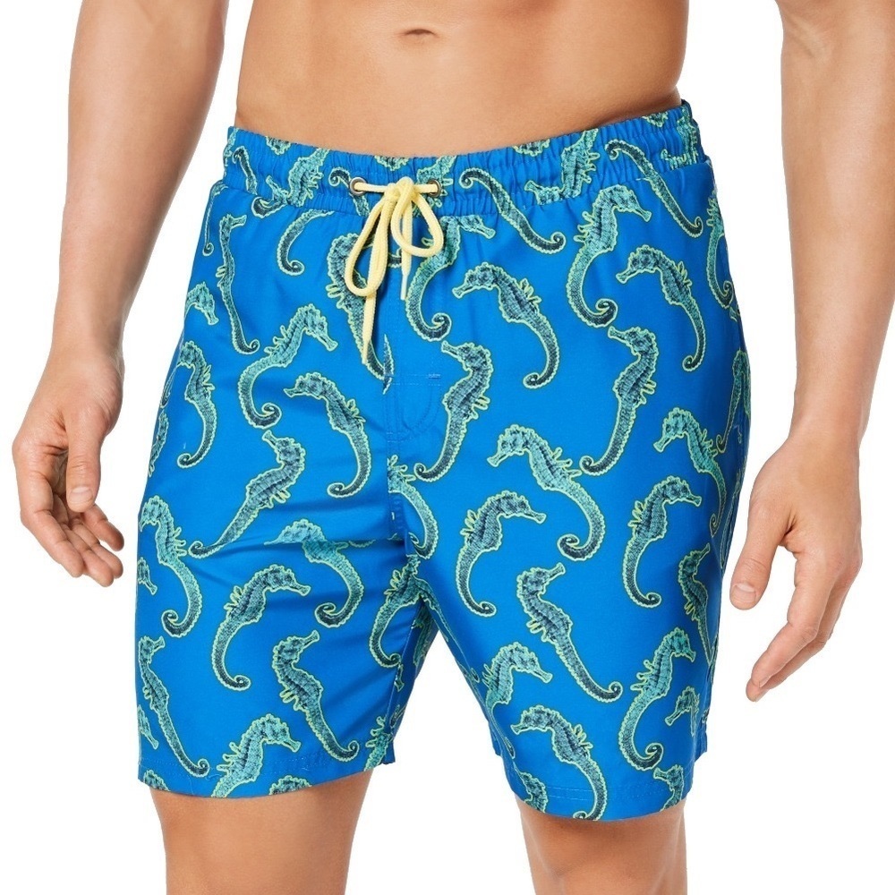 Club Room Blue Seahorse Print Swim Trunks with Yellow Drawstring